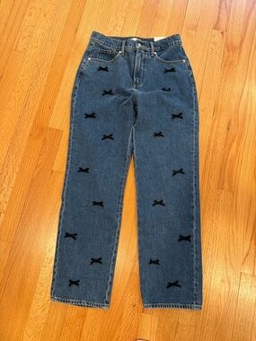 NWT LOFT Dark Blue Straight-Leg Jeans with Black Velvet Bow Accents